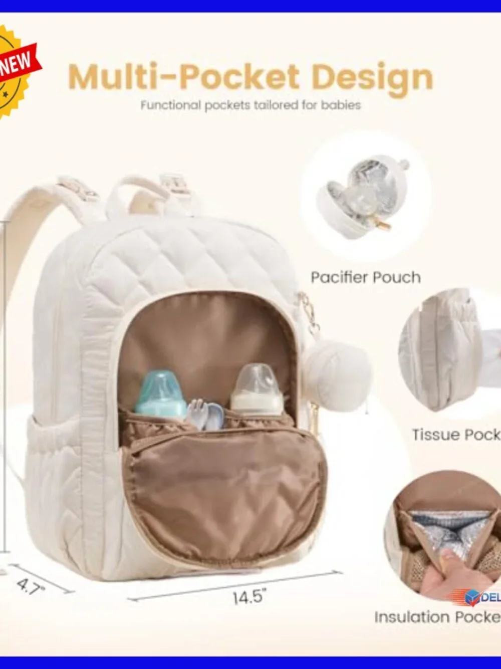 Puffer Quilted Diaper Backpack with Insulated Pockets, Changing Pad